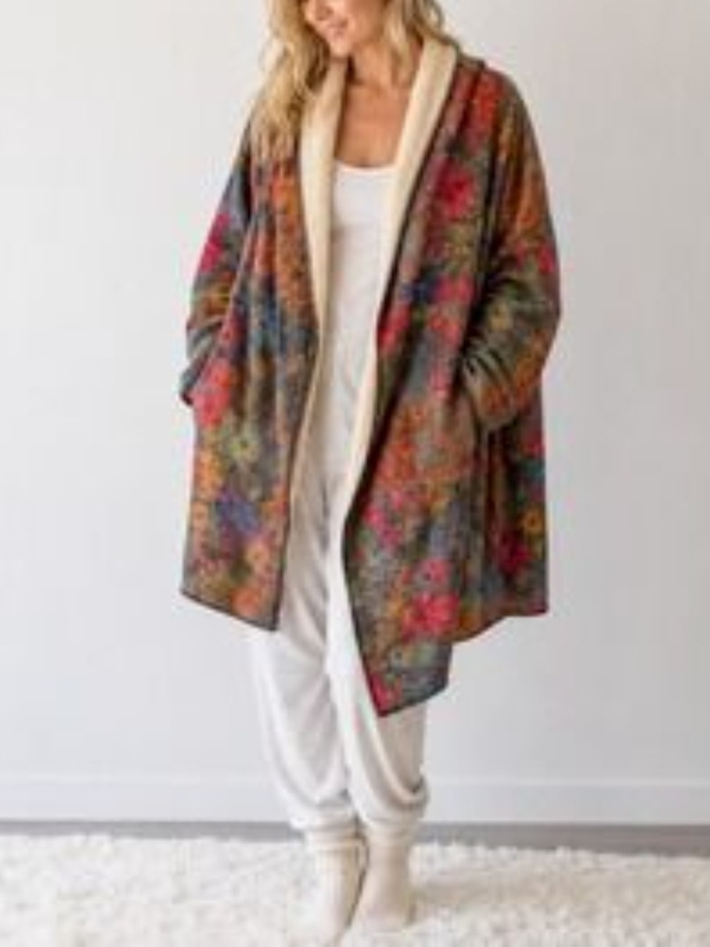 Natural Life Floral Hooded Fleece Cardigan Pockets Bohemian Multicolor L/XL
